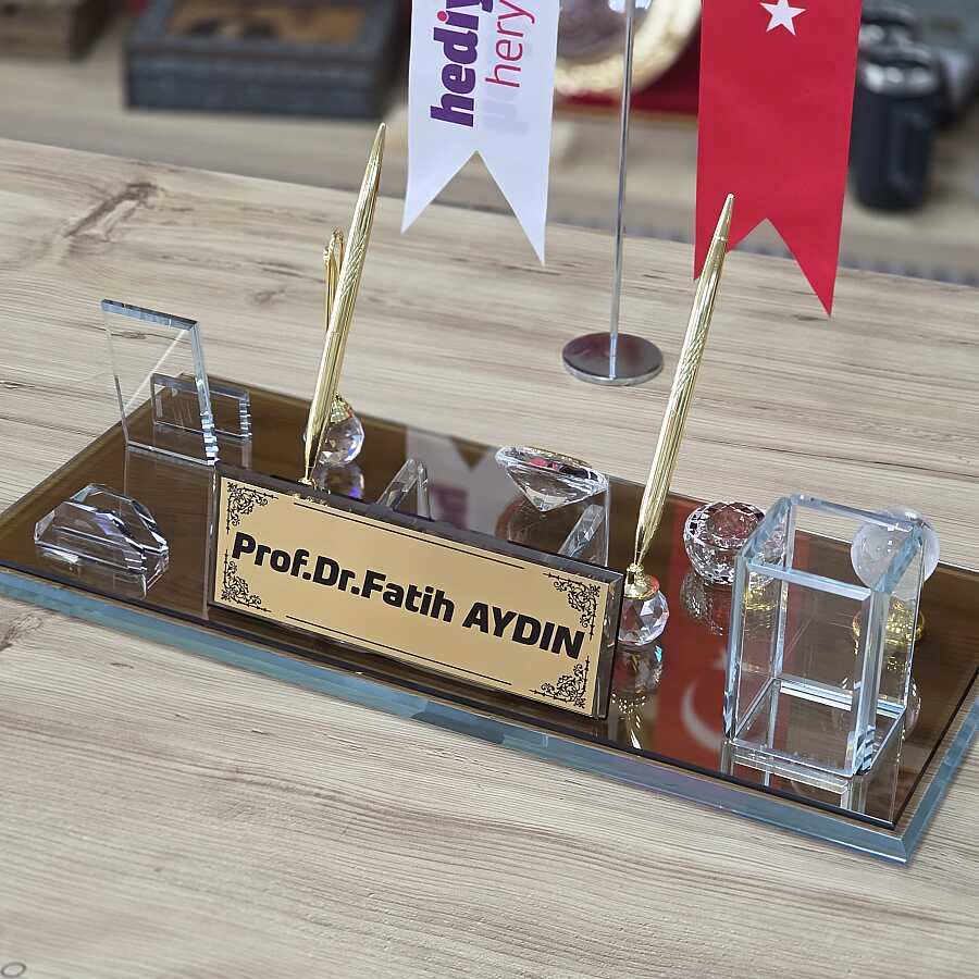 Kişiye Özel Kristal Masa İsimliği Seti – Saatli ve Çift Kalemli - 2
