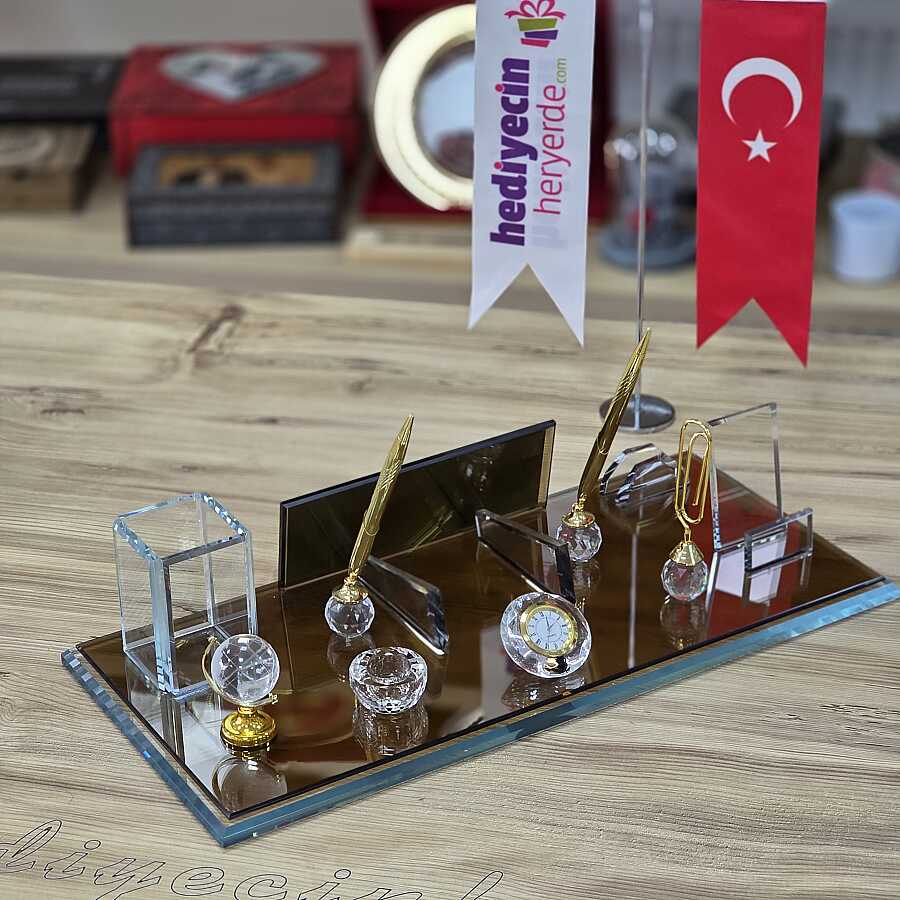 Kişiye Özel Kristal Masa İsimliği Seti – Saatli ve Çift Kalemli - 4