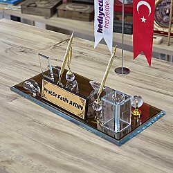 Kişiye Özel Kristal Masa İsimliği Seti – Saatli ve Çift Kalemli - 6